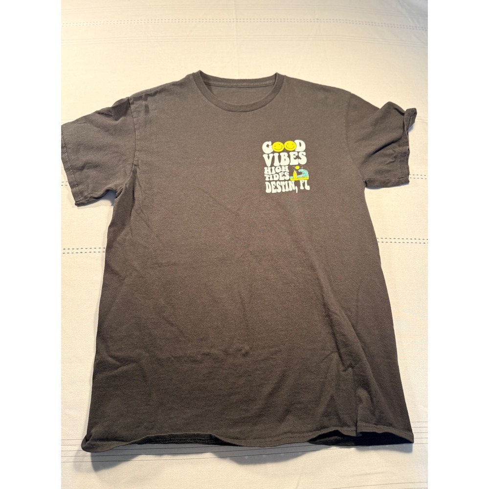 Good Vibes High Tides Destin FL Graphic T-Shirt Black Smiley Face Surf S